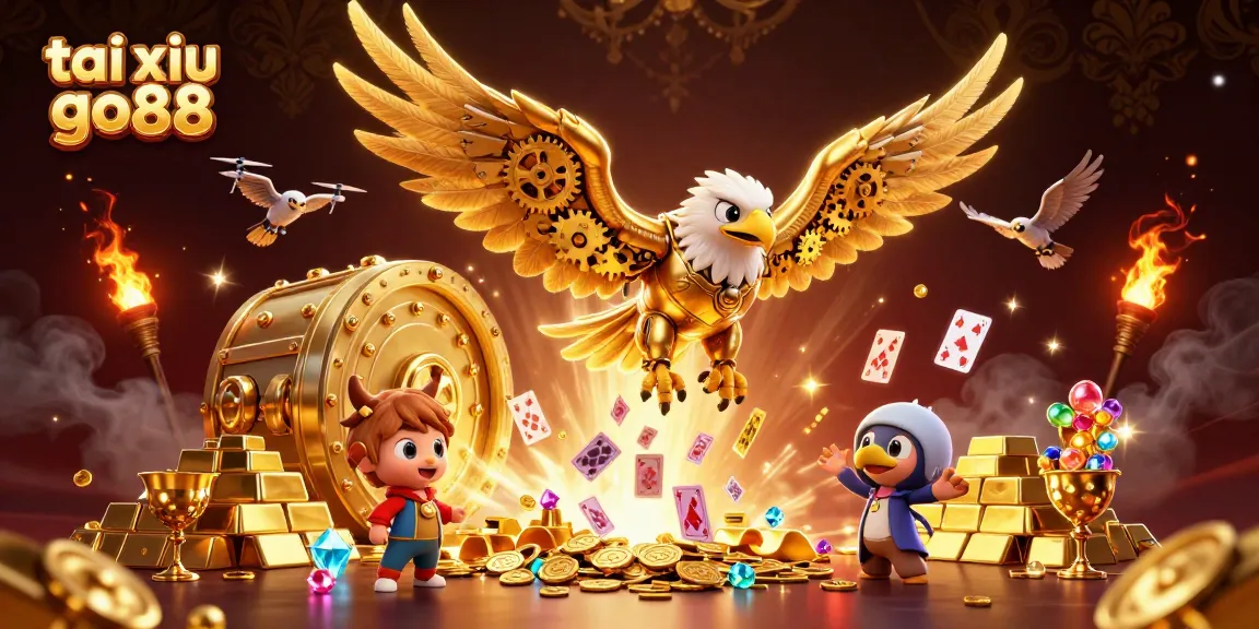 Tai xiu go88 showcases a golden eagle amidst vibrant holographic cards, diving into riches, rich in casino charm.