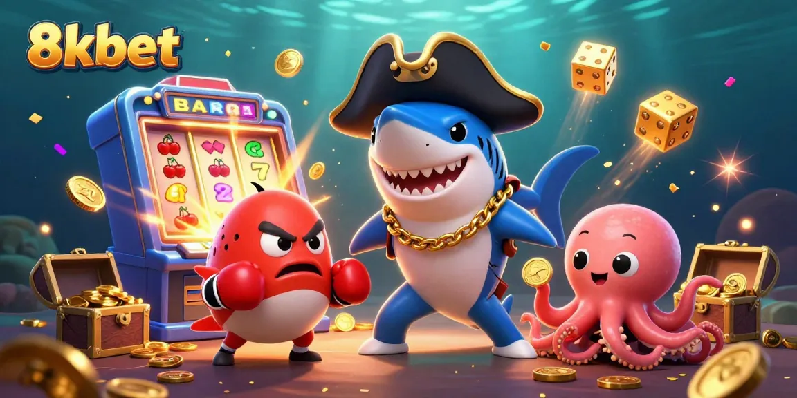 Play big at 8xbet with 3D pirate shark, pufferfish, and octopus in a lively jackpot scene.