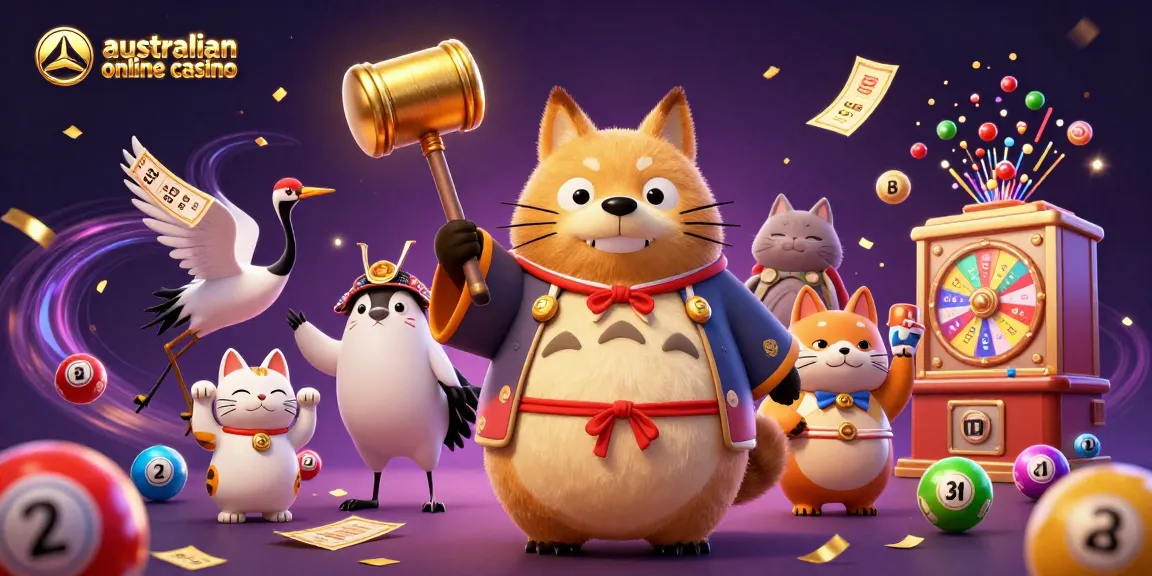 Cheerful tanuki celebrates at the australian online casino with vibrant game elements and luck.
