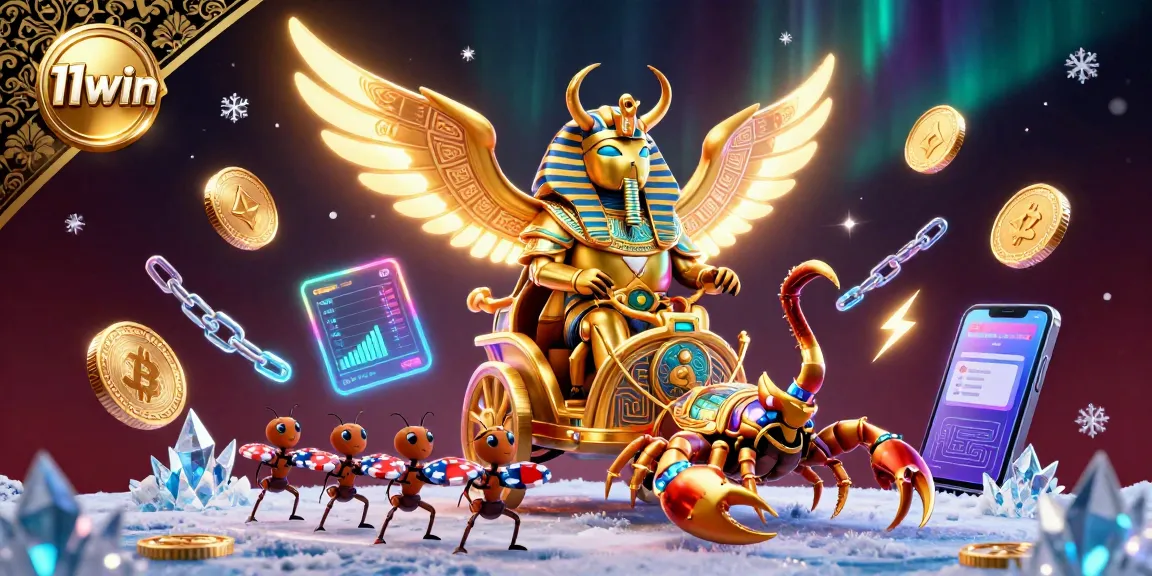 Bet on big wins with 11win's vibrant 3D illustration of a golden scarab beetle and crypto coins.