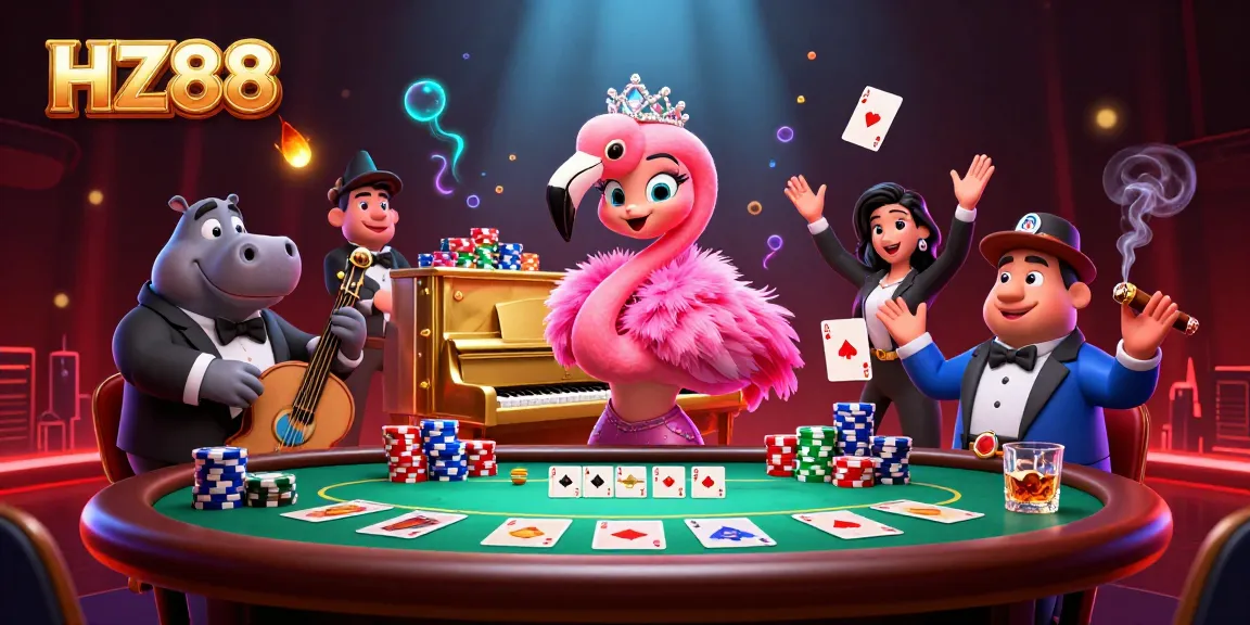 Experience thrilling gaming action at HZ88 casino with vibrant characters and dazzling cards in play.