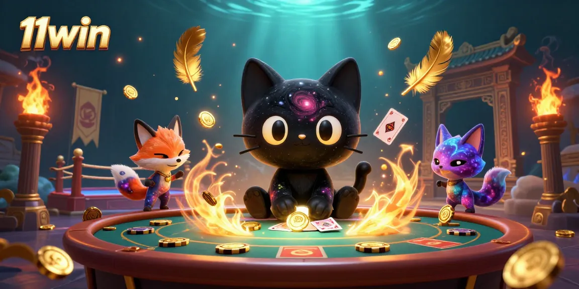Experience the thrill of 11win with a cosmic casino scene featuring a black hole cat and vibrant elements.