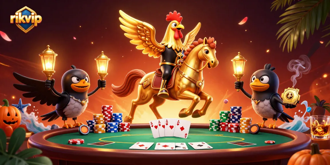 Engage with thrilling games at rikvip in a vibrant casino scene featuring a golden rooster.