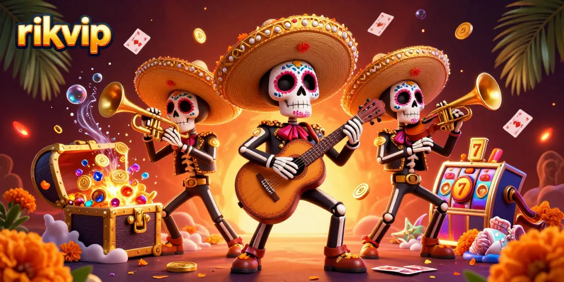Experience thrilling games at rikvip with a vibrant 3D skeleton mariachi band and casino elements.