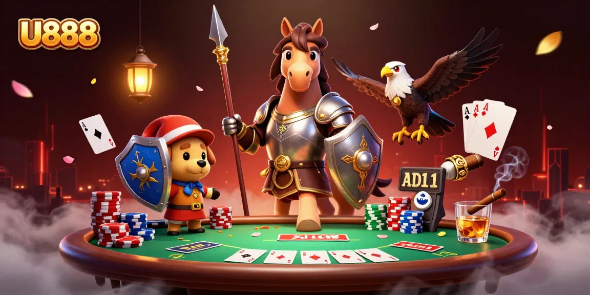 Engage in the thrilling world of U888 with a dynamic casino scene featuring medieval characters and poker elements.