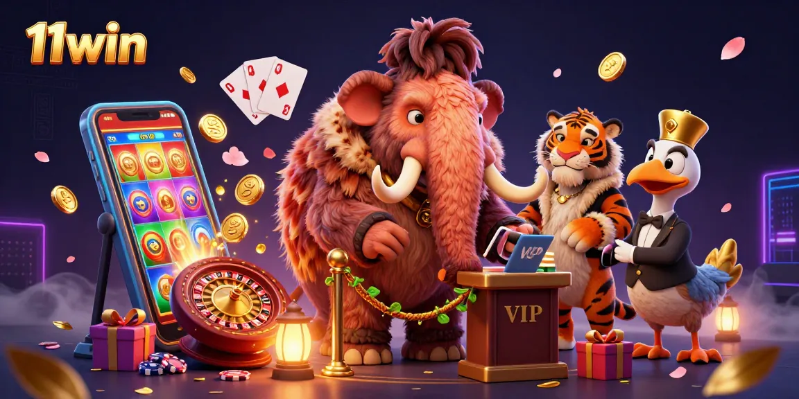 Experience dynamic gambling fun with 11win's vibrant casino illustration featuring engaging characters.
