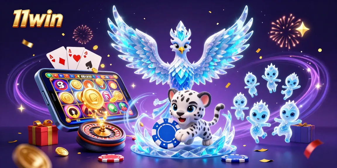 Experience excitement with 11win as the ice phoenix, snow leopard, and slot games come alive in this vibrant scene.