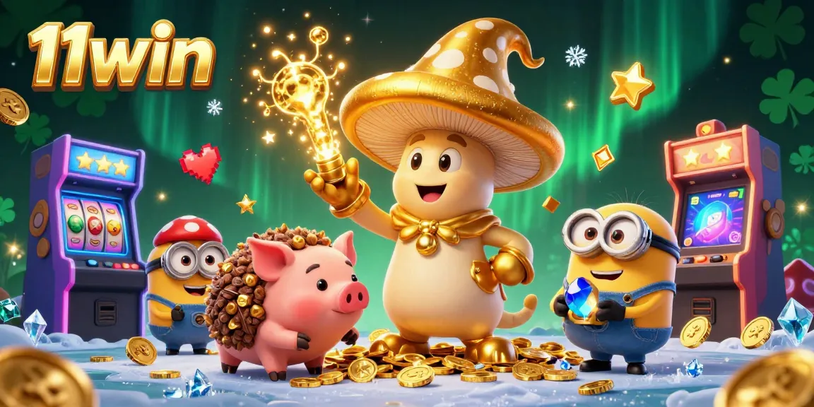 Experience the magic of 11win with a golden mushroom wizard and treasure in a vibrant casino illustration.