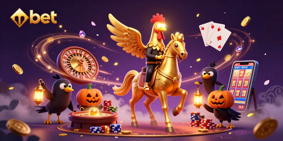 Experience nbet's thrilling casino action with a rooster and spectral horse amidst golden treasures