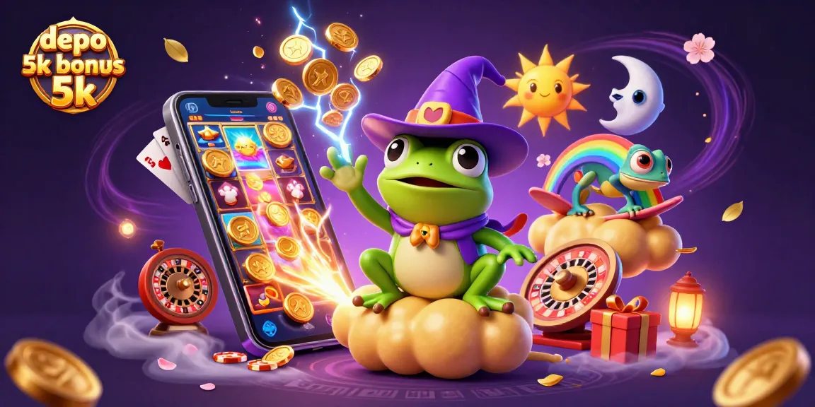Experience the excitement of depo 5k bonus 5k with our magical casino illustration featuring a frog and chameleon!