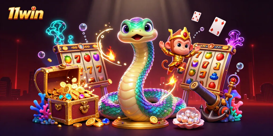 11win showcases vibrant slot-themed gambling illustration with a whimsical snake and golden monkey.