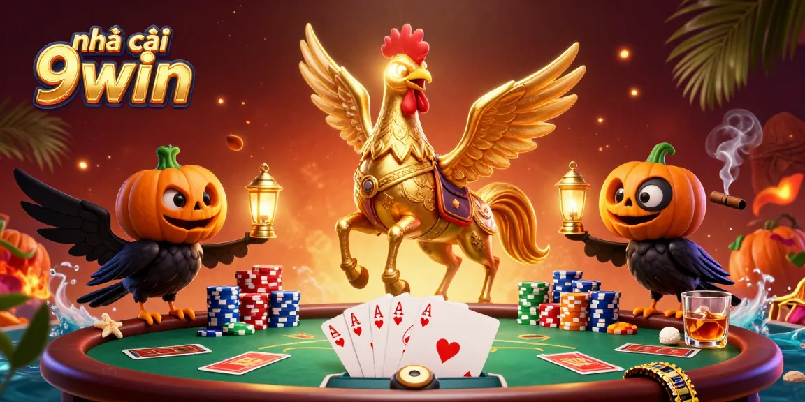 Engage with nhà cái 9win in this vibrant casino scene featuring a golden rooster and poker elements.