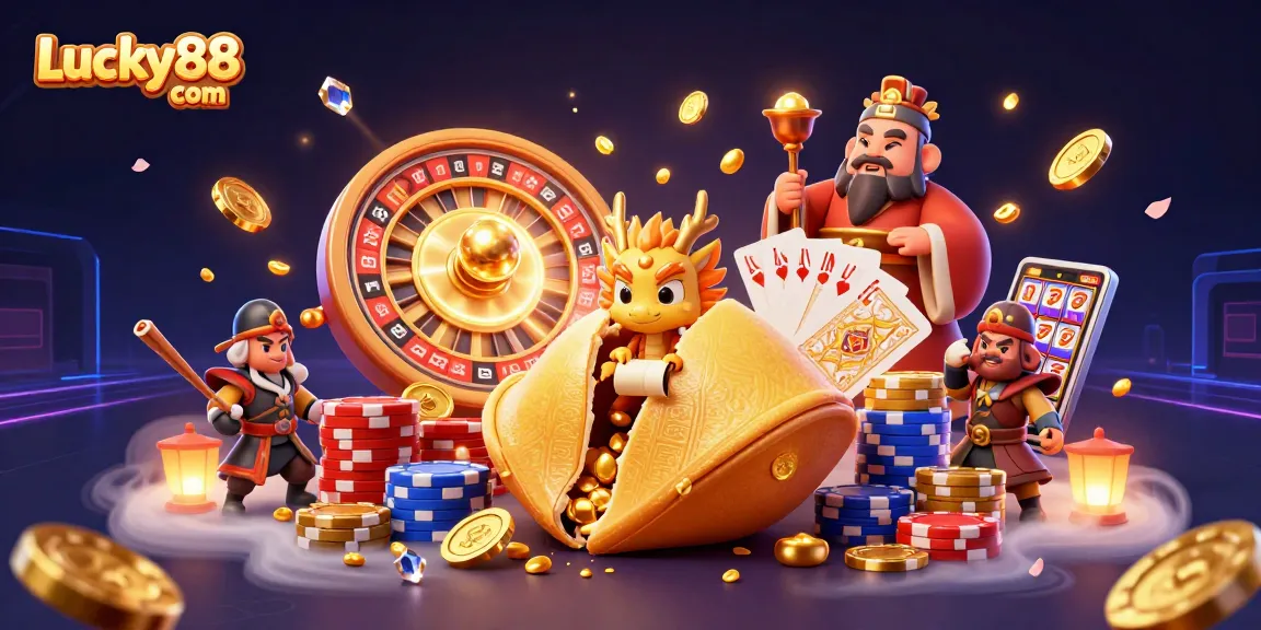 Experience the thrill of winning at Lucky88 com with this vibrant illustration of fortune cookies, coins, and casino elements.