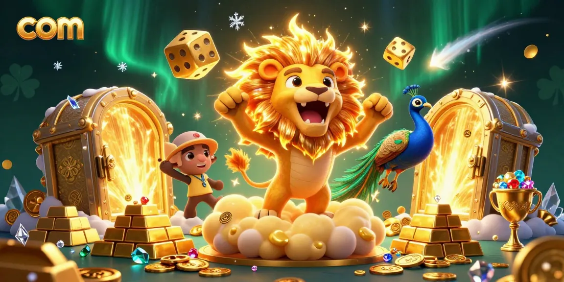 Spin the reels at com with this vibrant casino scene featuring a winning lion and dazzling treasure!