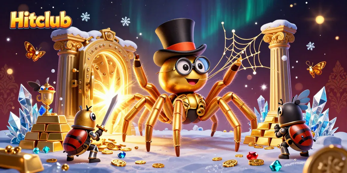 Experience the excitement of Hitclub with a golden tarantula and knight in a vibrant casino scene.