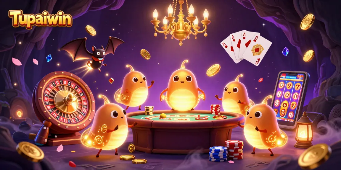 Tupaiwin shines bright as vibrant glowworms light up a fantastical cave casino scene filled with gold coins and illuminated gaming elements.