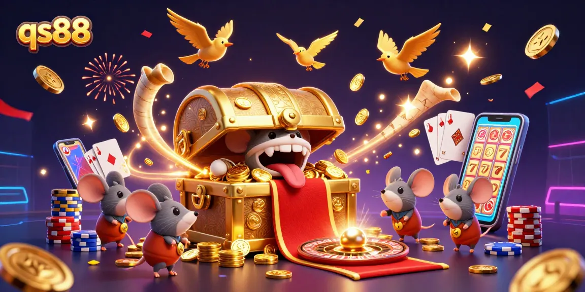Experience the thrill of qs88 with a treasure chest, golden coins, and vibrant casino elements in a dynamic scene.