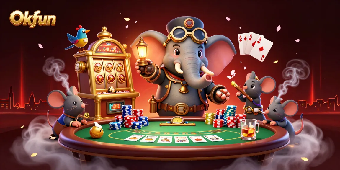 Spin the Okfun slot machine with a steampunk elephant engineer amid vibrant casino elements.
