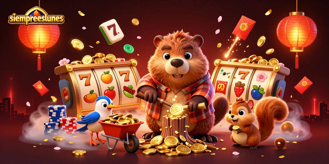 Experience excitement with siempreeslunes as a cartoon beaver chops a coin-producing tree in a vibrant casino scene.