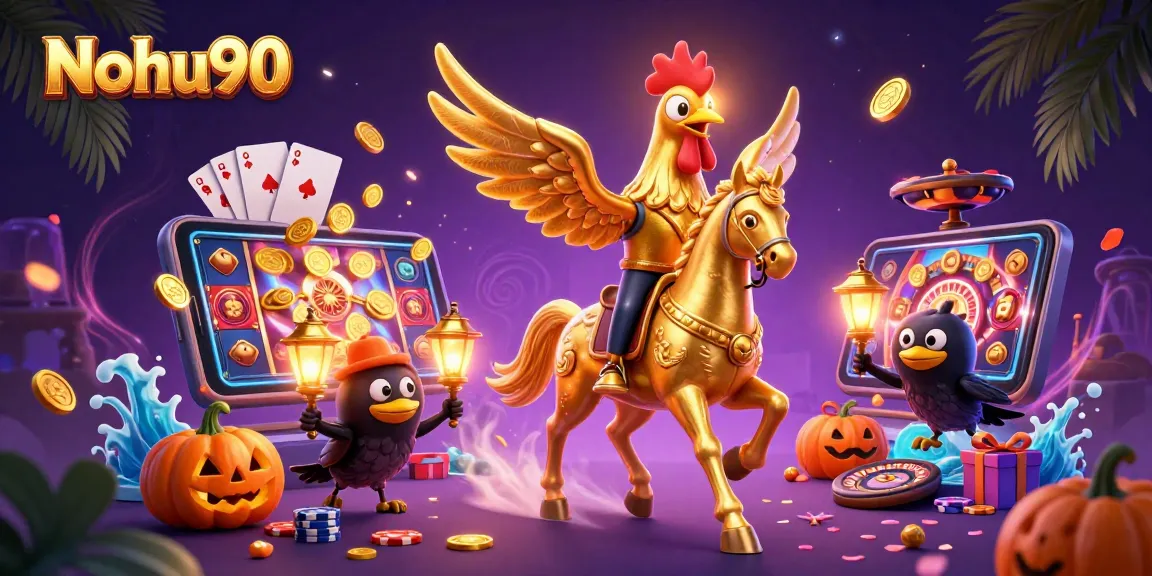 Nohu90 showcases a lavish midnight casino scene featuring a golden rooster and pumpkin-headed crows amidst vibrant gaming elements.