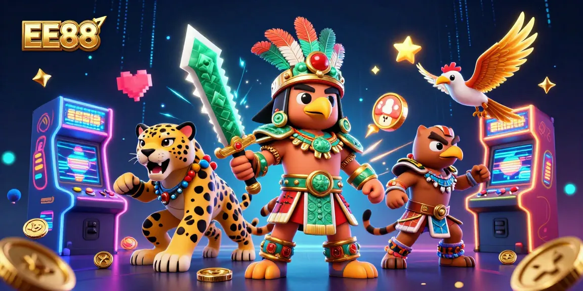 Experience thrilling gameplay at EE88 with Aztec warriors and vibrant casino elements in a dynamic scene.