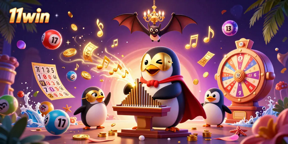 11win captivates with a 3D cartoon penguin playing an organ of gold coins amidst vibrant casino elements.