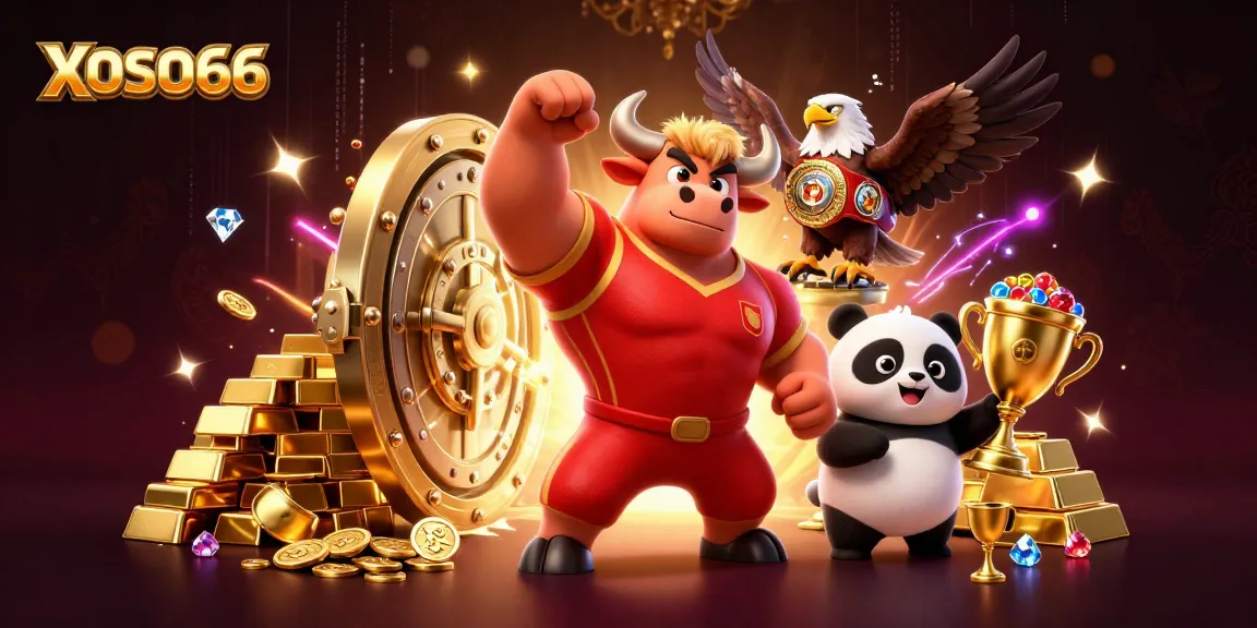 XOSO66 mascot scene showcasing a victorious bull, eagle, and panda amidst gold and jewels, embodying casino excitement.