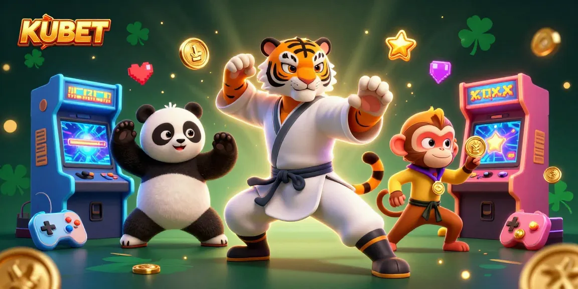 KUBET presents a vibrant 3D illustration of a kung fu tiger master, panda disciple, and a mischievous monkey in a casino, celebrating together.