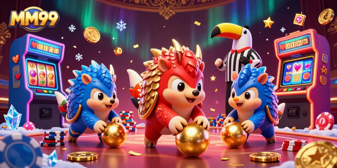Experience thrilling gameplay at MM99, where rival pangolins battle amid dazzling casino elements.