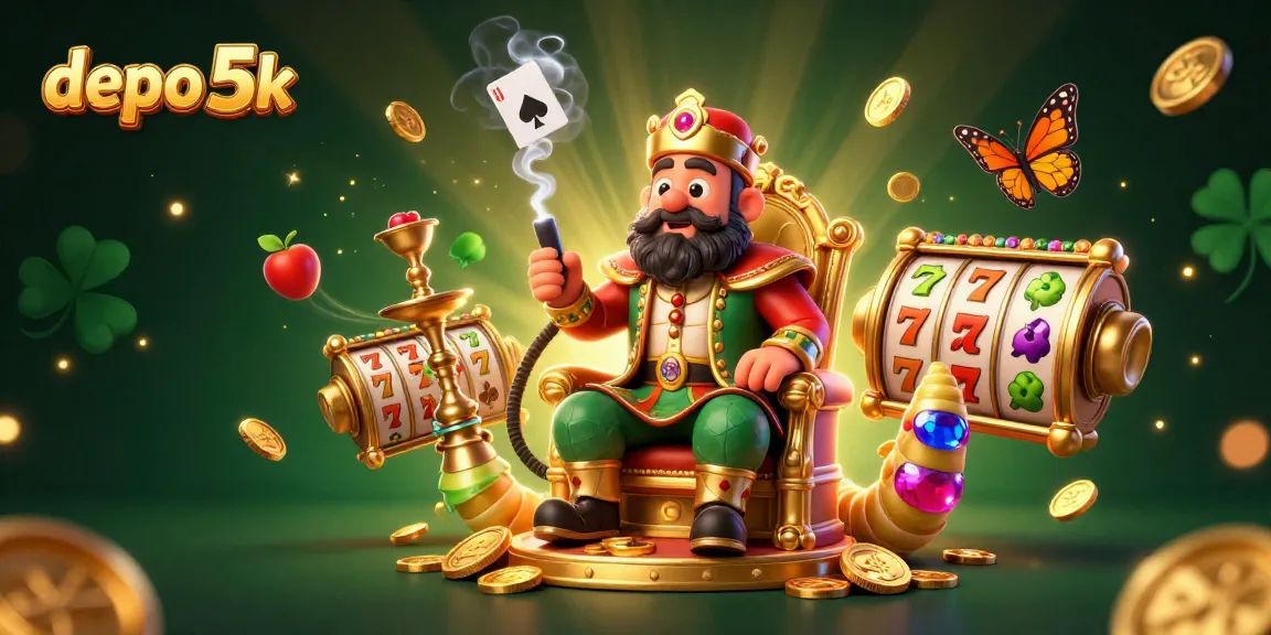 Experience thrilling gameplay with depo 5k, showcasing a captivating casino scene filled with slot reels, trophies, and vibrant elements.