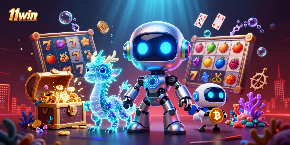 Engage with 11win's vibrant casino-themed 3D illustration showcasing neon elements and classic gameplay.