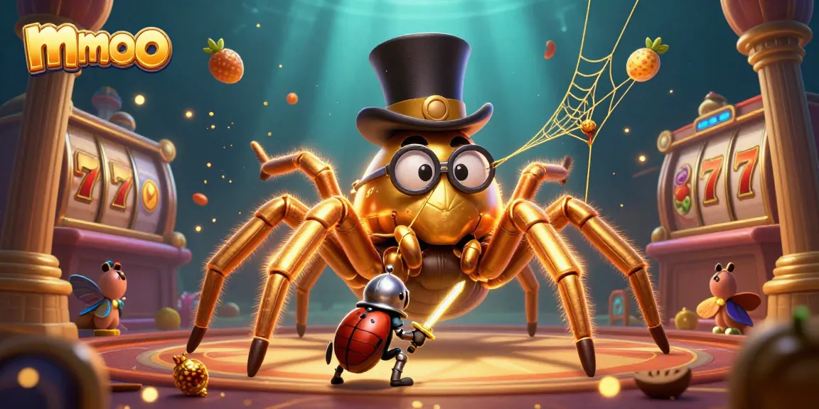 Experience thrilling mmoo slot adventures with a golden tarantula and brave beetle knight in a vibrant casino