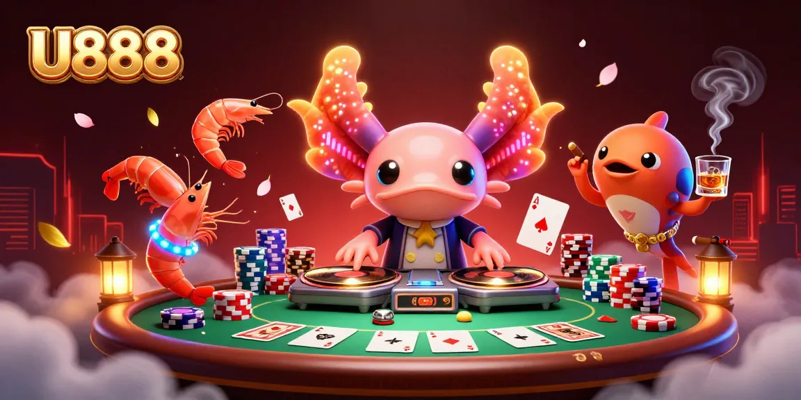 U888 captivates players with an energetic scene featuring a neon axolotl DJ spinning poker elements.