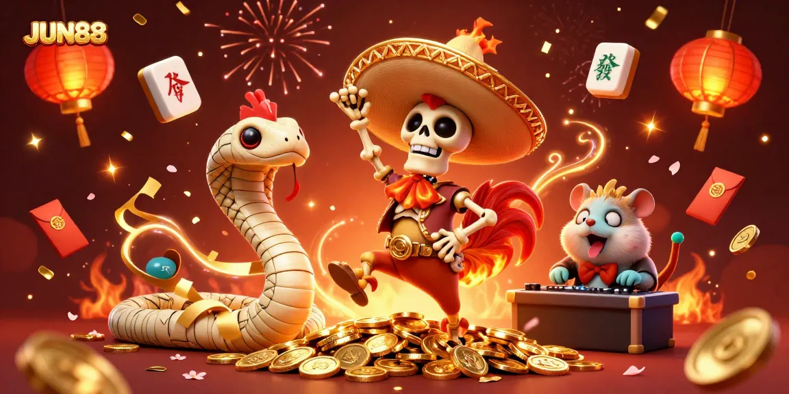Experience the excitement of JUN88 with vibrant 3D characters and casino elements celebrating together.